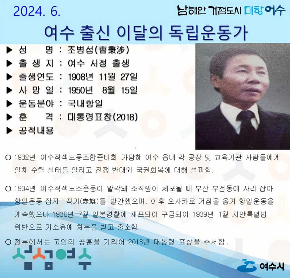 ▲6월의 독립운동가 여수 서정 태생 ‘조병섭(曺秉涉)선생’