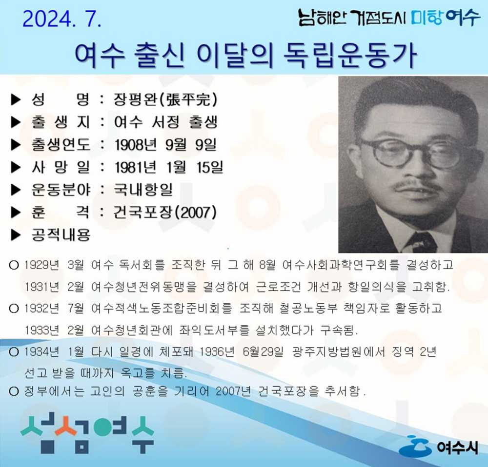 ▲  7월의 독립운동가 장평완(張平完) 선생