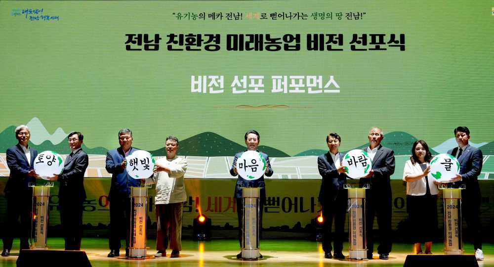 ▲ 김영록 전라남도지사가 2024 전남 친환경 미래농업 비전 선포식에서 유기농의 1번지, 전남의 ‘저탄소·미래농업’ 비전을 선포하는 퍼포먼스를 하고 있다.