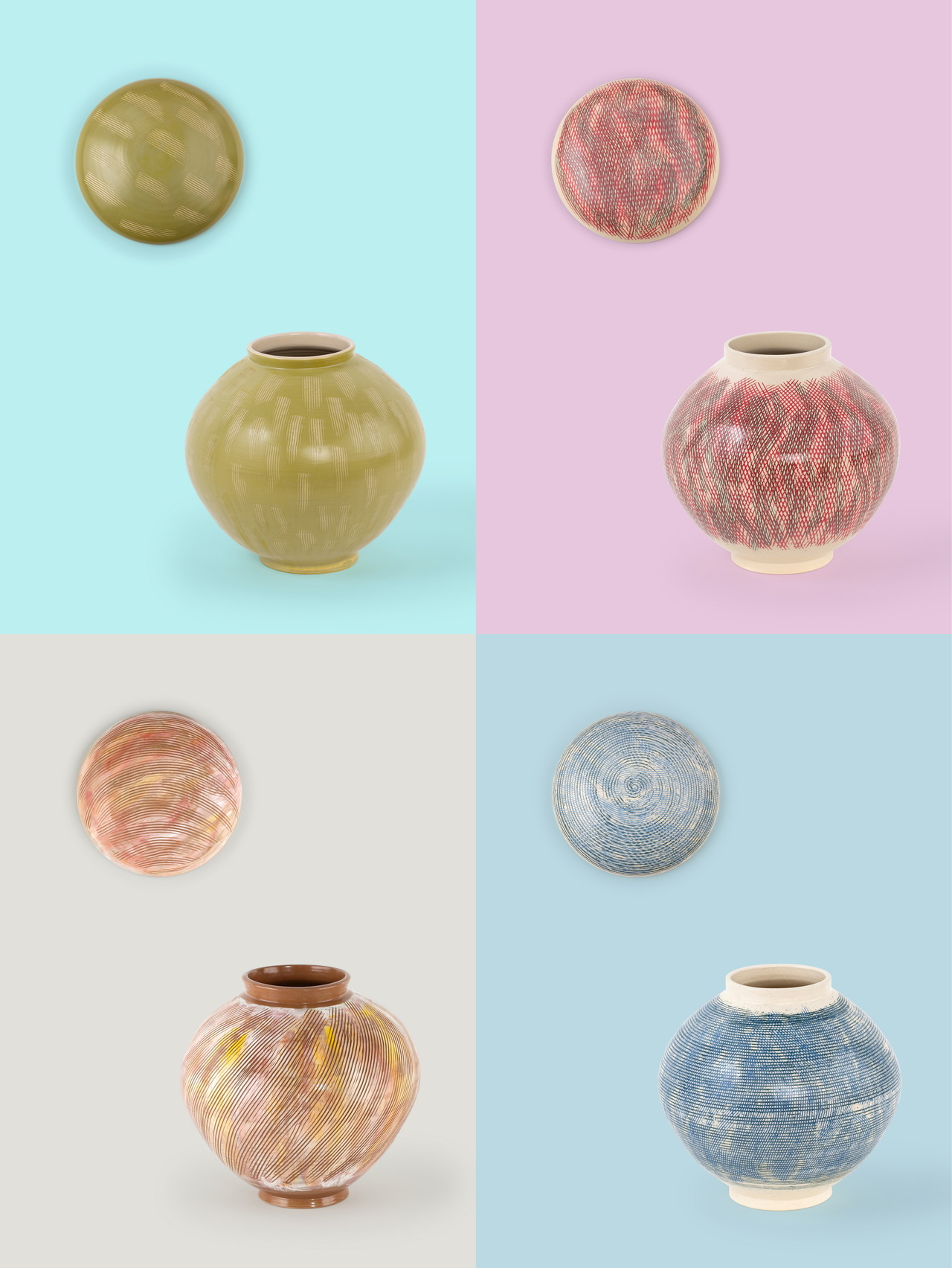 ▲ 김종균, 봄·여름·가을·겨울비와 달 (34˟34˟33, 27˟27˟7, 백토,백상감,청자토,백조형토,안료)