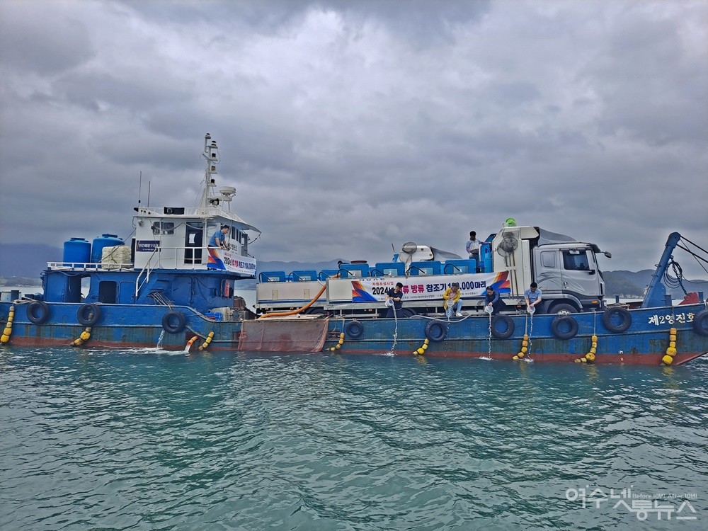 ▲여수수산업협동조합 임직원과 (사)여수해양환경보전협회 관계자들이 참조기 치어를 바다에 방류하고 있다.  ⓒ조찬현