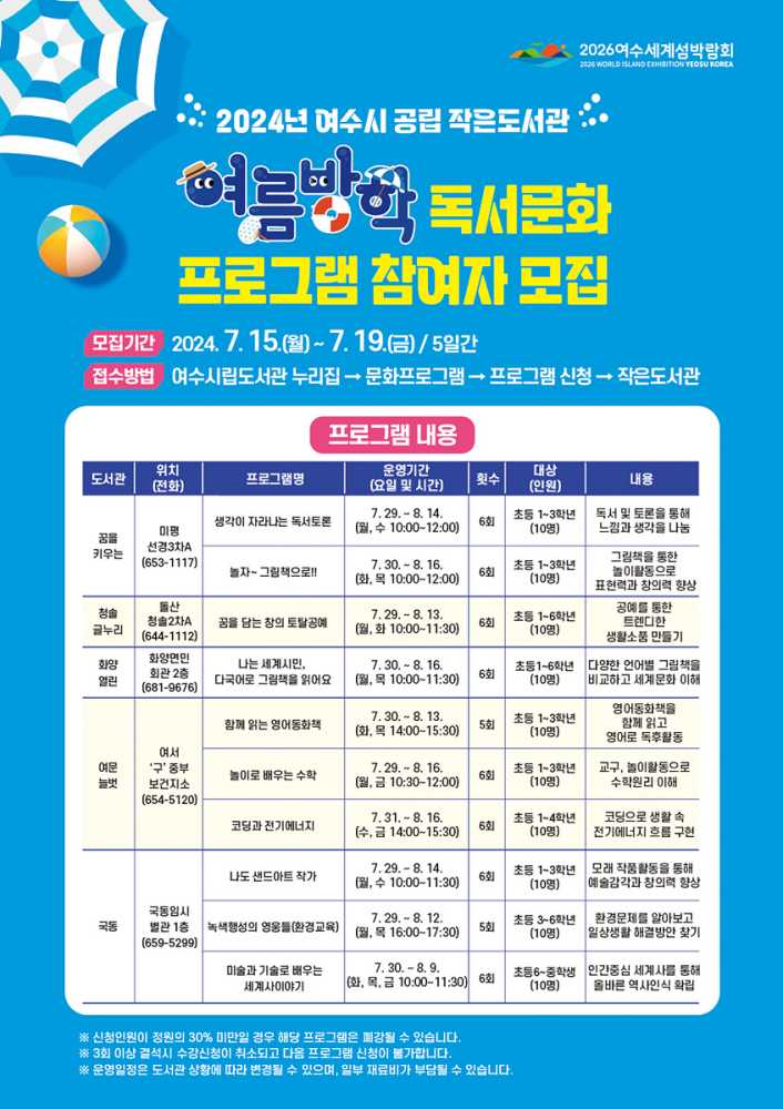 ▲ 공립 작은도서관 ‘여름방학 독서문화 프로그램’