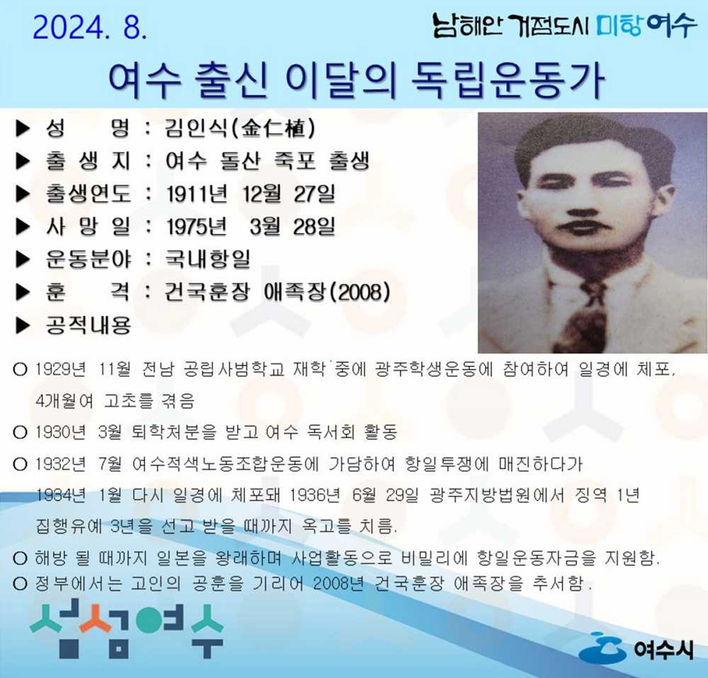 ▲ 8월의 독립운동가 돌산 죽포 태생 김인식(金仁植) 선생