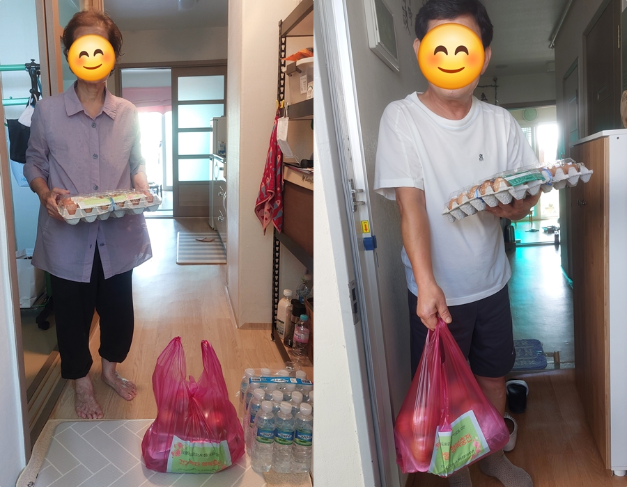 ▲와이티씨로지스틱 '건강돋다 행복충전' 식료품을 전달한 모습 ⓒ쌍봉복지관