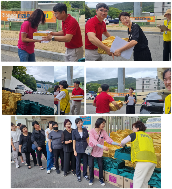 ▲드라이브스루로 명절 선물을 전달하고 있는 직원들ⓒ쌍봉종합사회복지관