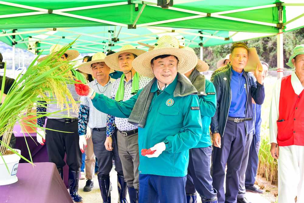 ▲  벼농사 종합평가회에 참석한 정기명 시장