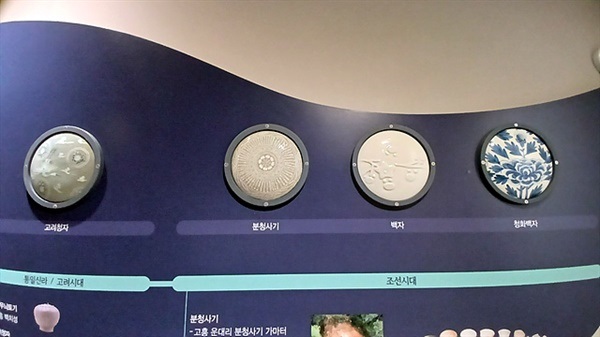 ▲ 도자기의 발전 과정을 설명해주는 표본으로 고려청자 -분청사기 -백자 -청화백자 순으로 전시되어 있다 ⓒ 오문수