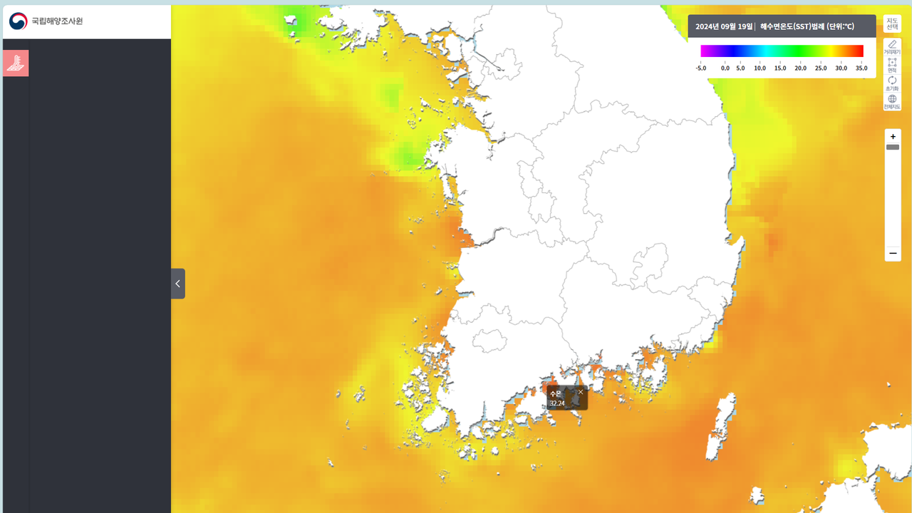 ▲여자만의 초과온도인 9월19일의 수온 32.24도를 가르키는 색온도표 ⓒ국립해양조사원