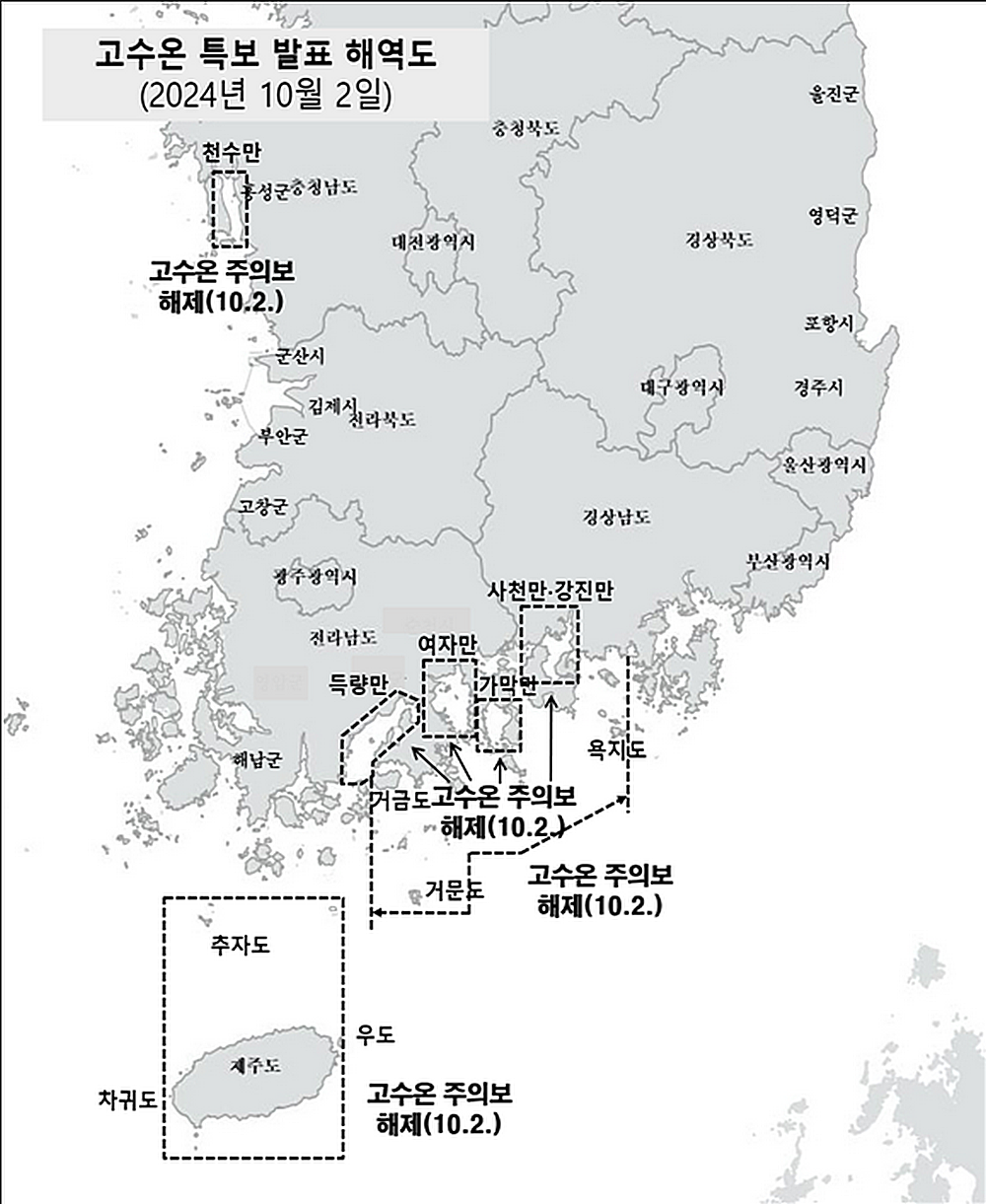 ▲고수온 해제 직전 최종까지 25도를 유지했던 6개 바다 중 여수 바다가 2개 지역이다. 2024년 고수온 특보지정지역은 총30개 해역이었음. ⓒ국립해양조사원