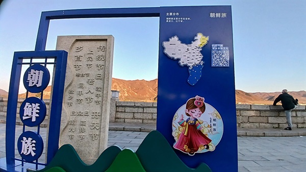 ▲ 두만강변 도문시에 설치된 안내간판으로 조선족들이 사는 지역과 간단한 설명문이 적혀 있었다. 지도 상단 오른쪽 끝에 노랗게 보이는 곳이 중국동포들이 많이 사는 동북3성이다. 일행은 동북 3성 2천킬로미터를 돌아보았다. 뒤편에 보이는 산은 북한쪽 산이다. ⓒ 오문수