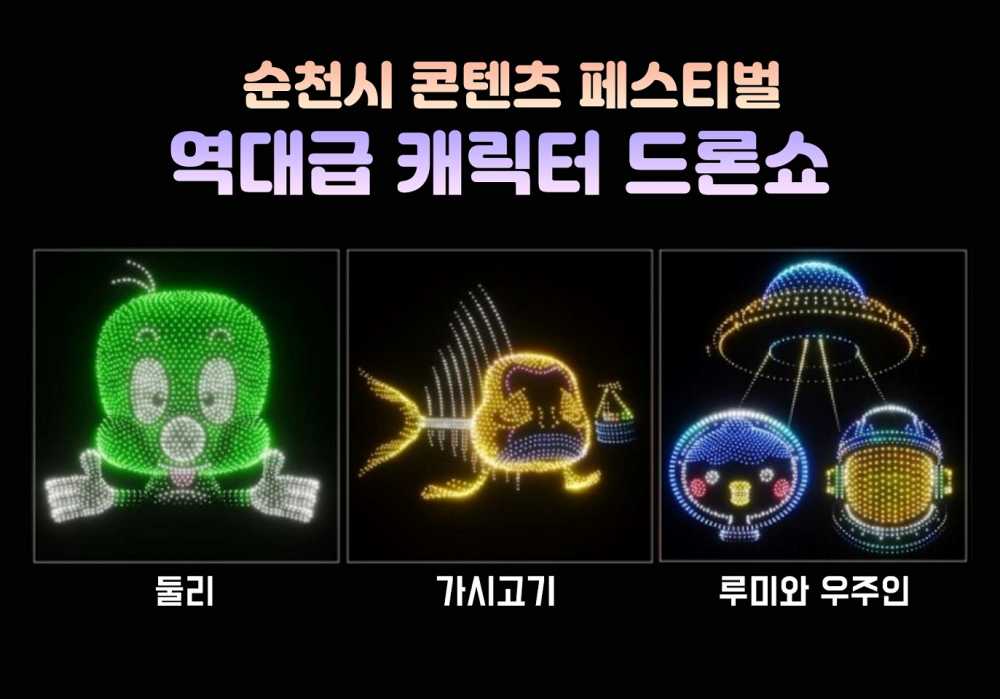 ▲ 11월 1일 오후 7시 콘텐츠 페스티벌 개막식 일환으로 2,025대 캐릭터 드론쇼가 진행된다. ⓒ순천시