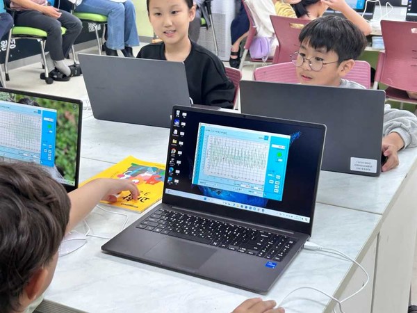 ▲목포부주초등학교  지능형 과학실 ON 활용 수업 모습ⓒ전라남도교육청