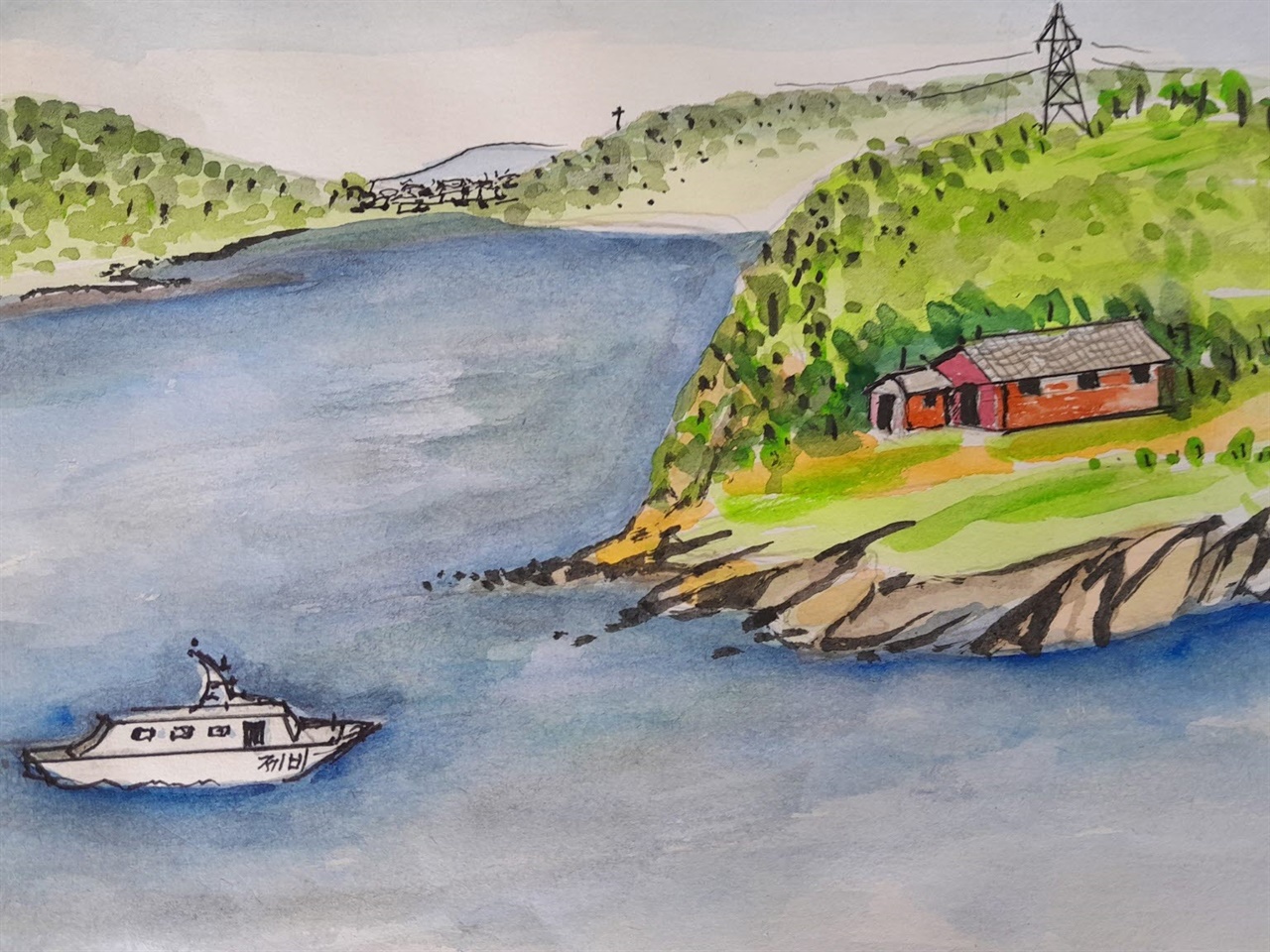 ▲ '무카이집' 모습으로 '무카이집'이 있었던 인근에서 54년째 조선소를 운영하는 박장길씨가 어릴적 보았던 모습을 회상해 그려 보내준 그림(현재는 집이 사라진 상태). 바다에는 환자들을 태우고 다녔던 '제비호'가 보인다. 환자들을 태운 제비호는 소록도 '제비선창'을 오가며 환자들을 실어날랐다. ⓒ 박장길