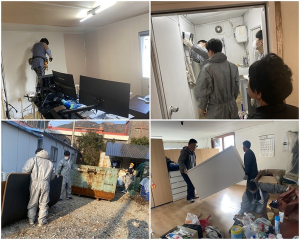 좌측 상단부터 시계방향으로 ▲도배를 하는 모습 ▲화장실에 온풍기를 설치하는 모습 ▲수납장을 설치하는 모습 ▲가정 내외에서 나온 쓰레기를 쓰레기 컨테이너에 버리는 모습  ⓒ여수시장애인종합복지관