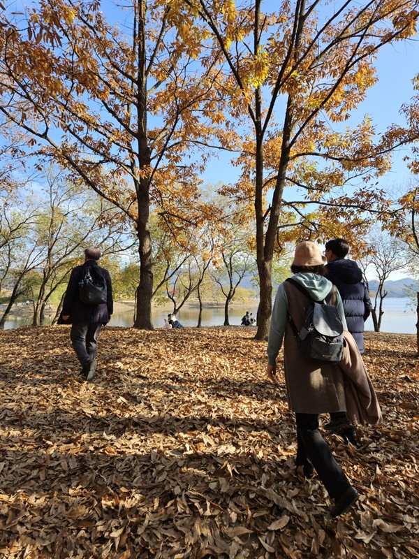 ▲ 낙엽 쌓인 옛길동료들이 낙엽 밟는 소리를 들으며 걷고 있다. ⓒ 박귀단