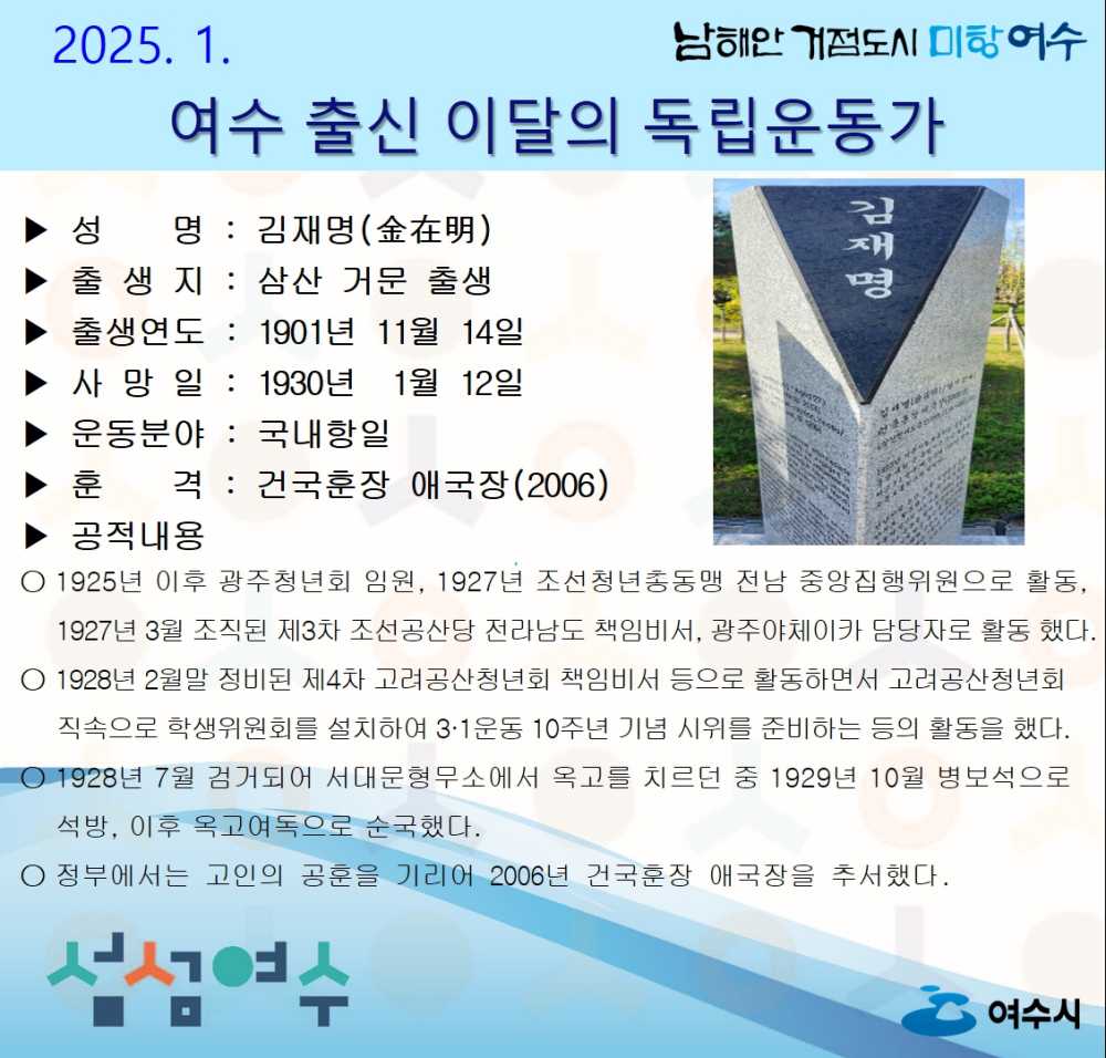 ▲새해 1월의 독립운동가 삼산 거문 태생 ‘김재명 선생’ 선정.ⓒ여수시