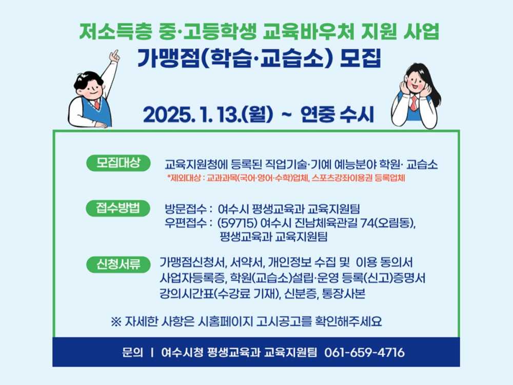 ▲ 중·고등학생 교육바우처 지원 사업’ 가맹점 모집.ⓒ여수시