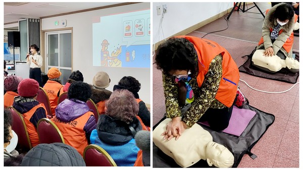 ▲ 노인공익활동사업 참여자들이 여수소방서 예방안전과 하송희 소방장(왼쪽)의 소방안전교육과 참여자들이 심폐소생술 체험을 하고 있다.