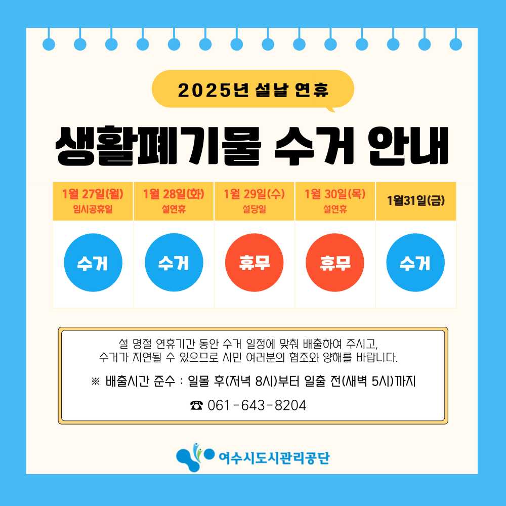 ▲2025년 설 연휴 생활 폐기물 수거 안내. ⓒ여수시도시관리공단