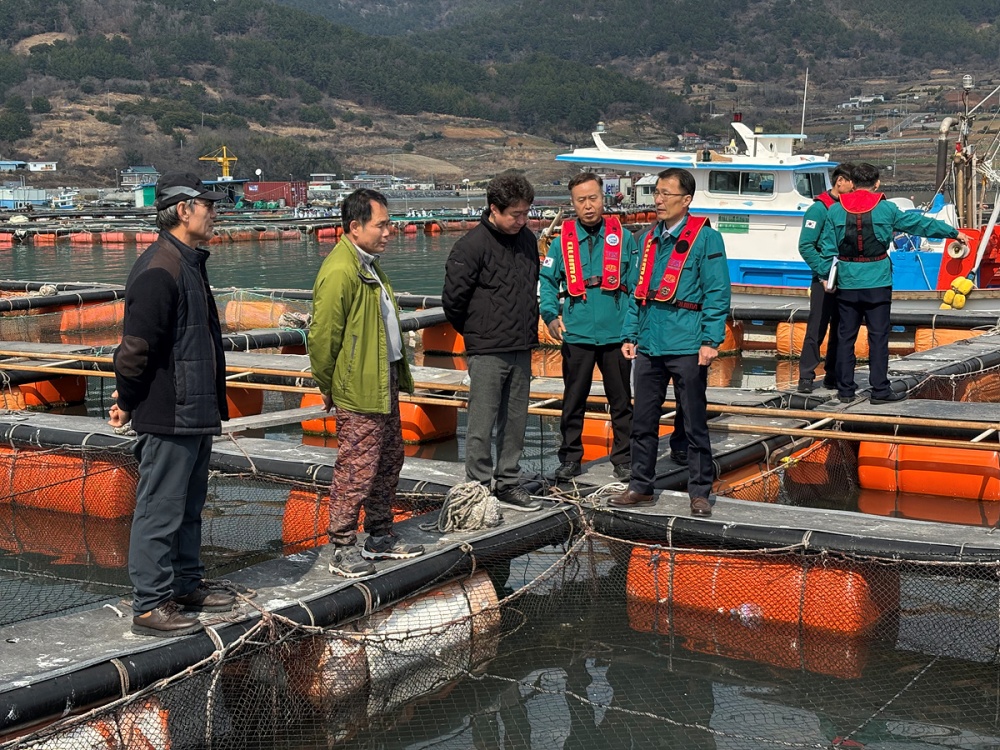 ▲해양수산부는 지난 6일 돌산읍 신복리의 저수온 피해어가를 방문해 현장 애로사항을 청취했다. ⓒ여수시