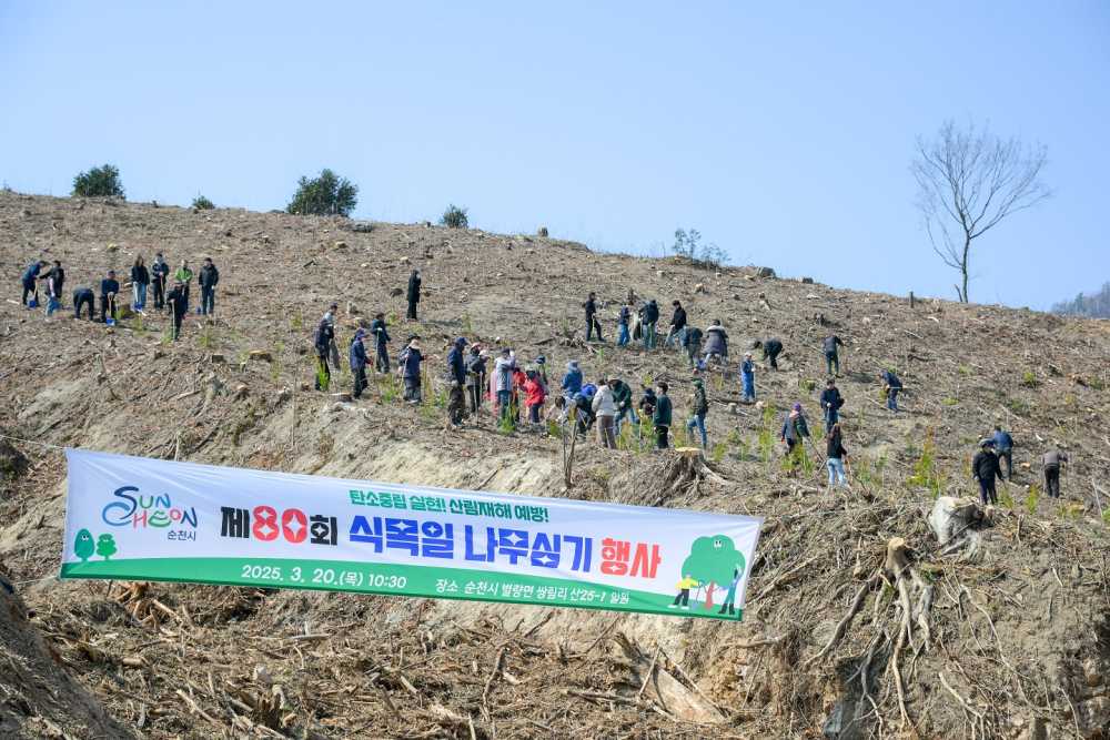 ▲순천시는 제80회 식목일을 기념해 별량면 쌍림리 일원에 4년생 편백나무 800주를 심었다. ⓒ순천시