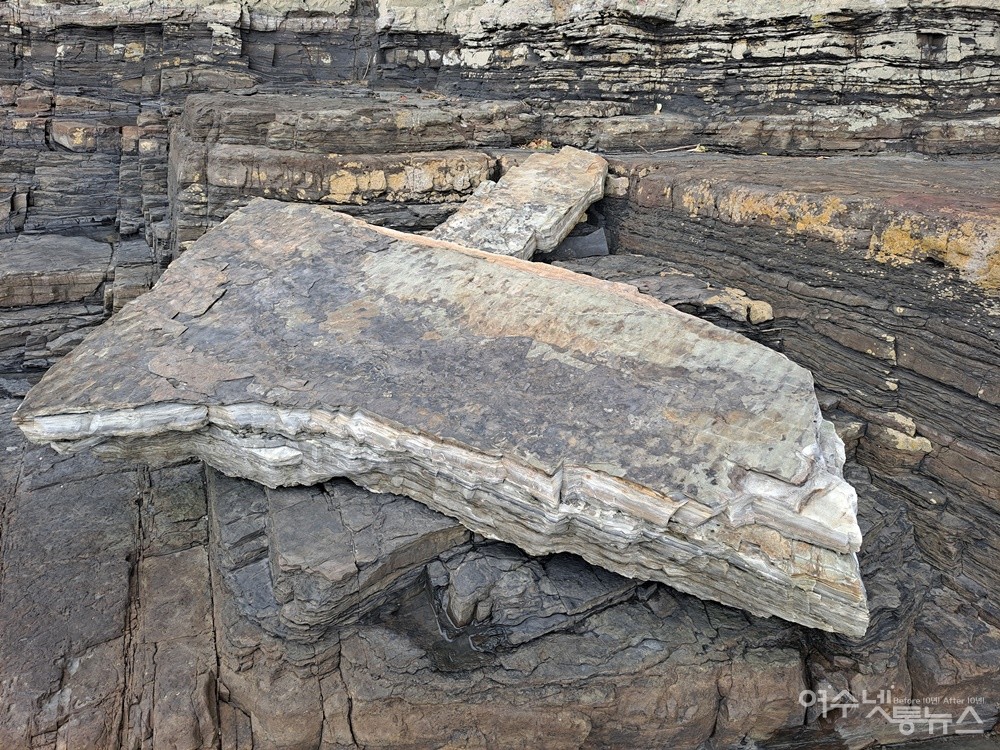 ▲추도 섬에서 외부로 반출하기 위해 퇴적암을 훼손했다. ⓒ조찬현