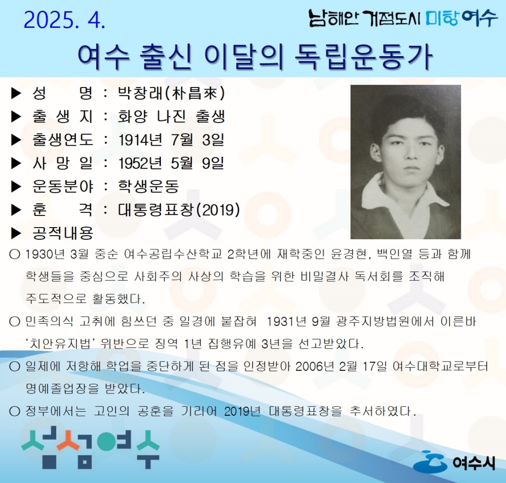 ▲여수시 4월의 독립운동가 ‘박창래(朴昌來) 선생’ 공적 ⓒ여수시
