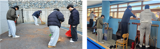 ▲ ⓒ여수시테크니션스쿨 교육생들이 여수시장애인종합복지관 환경미화에  참여하고 있다