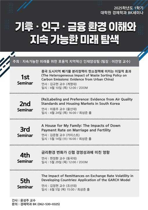 ▲기후·인구·금융 환경 이해와 지속가능한 미래 탐색’을 주제로 2025학년도 1학기에 총 5회에 걸쳐 세미나를 개최한다고 밝혔다. ⓒ전남대학교