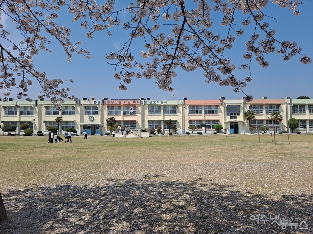 ▲아이들이 뛰노는 학교 운동장에는 벚꽃이 눈꽃으로 흩날린다. ⓒ조찬현