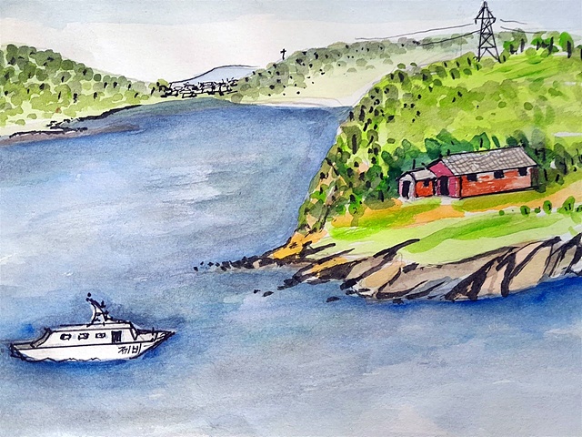 ▲고흥 녹동에서 소록도까지 이어지는 소록대교 바로 아래에는 한센인들이 소록도로 건너가기 위해 기다렸던 '무카이집'이 있었다. 일본어인 '무카이집'은 일종의 '대합실'로 한센인들이 '무카이집'에서 불을 피우면 소록도 제비선창에서 기다리던 배가 와서 제비선창까지 실어날랐다. 어릴적부터 녹동에서 살았던 박장길(80세)씨가 당시를 회상하며그려줬다. ⓒ박장길
