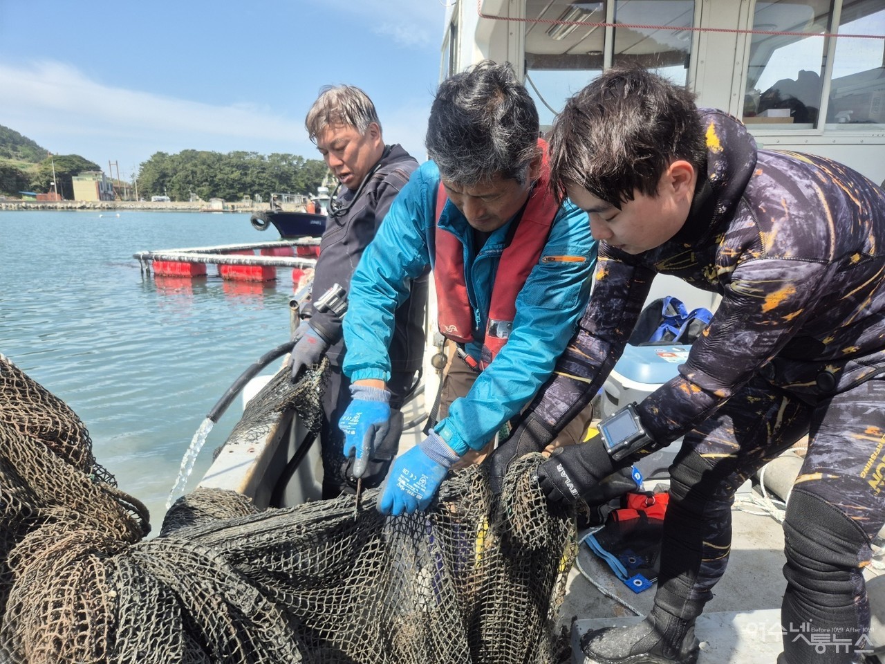 ▲ 폐어구를 건져  올리는 회원들 ⓒ박근호