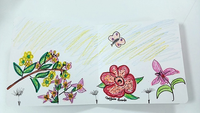 ▲한국에서 날아간 민들레 꽃씨 3개가 세상에서 제일 큰 꽃인 라플레시아 꽃과 쟈스민 옆에 도착하고 있다   ⓒ오문수