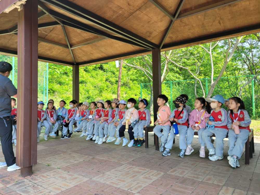 ▲유치원생들이 유아숲지도사로부터 버섯 키우기에 대해 설명을 듣고 있다. ⓒ순천시