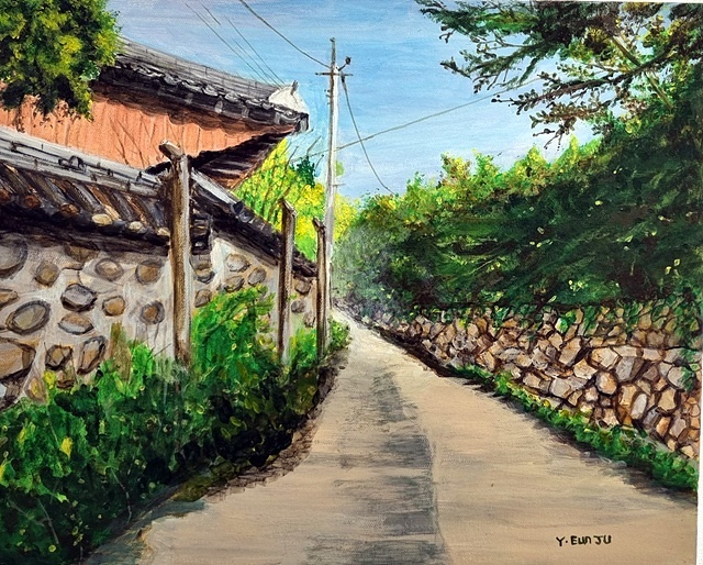 ▲ 돌담길의 꿈. 양은주의 작품으로 내동마을의 돌담길(2025 아크릴 50*40 cm)을 그렸다. ⓒ양은주