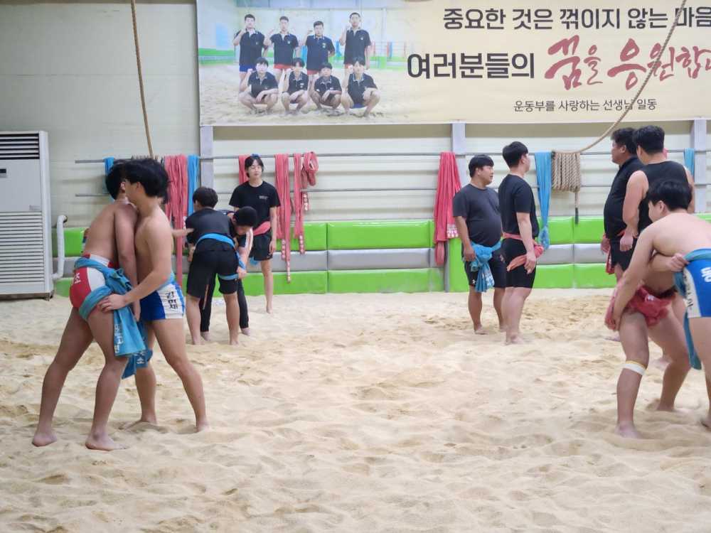 ▲학교운동부지도자와 학생들이 씨름 훈련하는 모습 ⓒ전라남도교육청