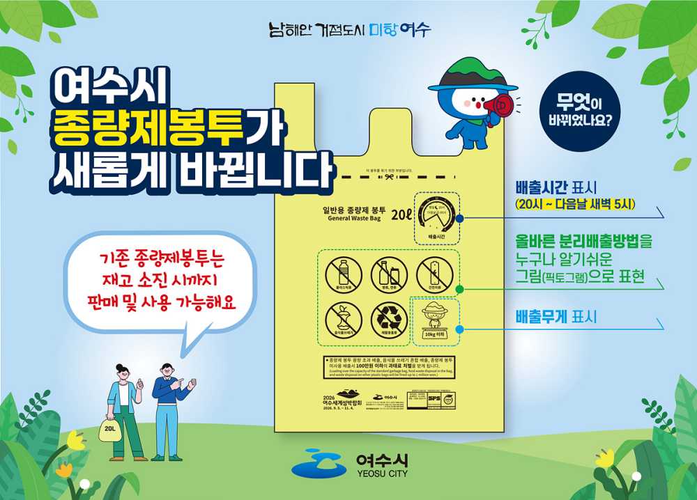 ▲여수시가 올바른 분리배출을 유도하기 위해 기존 글자 중심의 종량제 봉투 디자인을 그림문자(픽토그램)로 전면 개편한다. ⓒ여수시