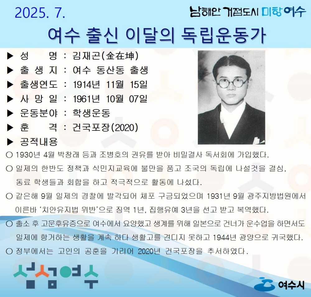 ▲7월의 독립운동가로 동산동 태생 김재곤(金在坤) 선생을 선정했다. ⓒ여수시