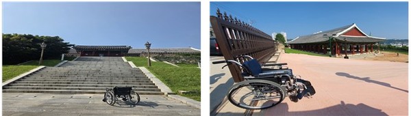 ▲ 진남관 내 휠체어 접근성에 대해 현장 답사를 하고 있다. 