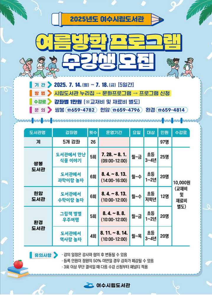 ▲여수시립도서관 여름방학 프로그램 수강생 모집 포스터 ⓒ여수시립도서관