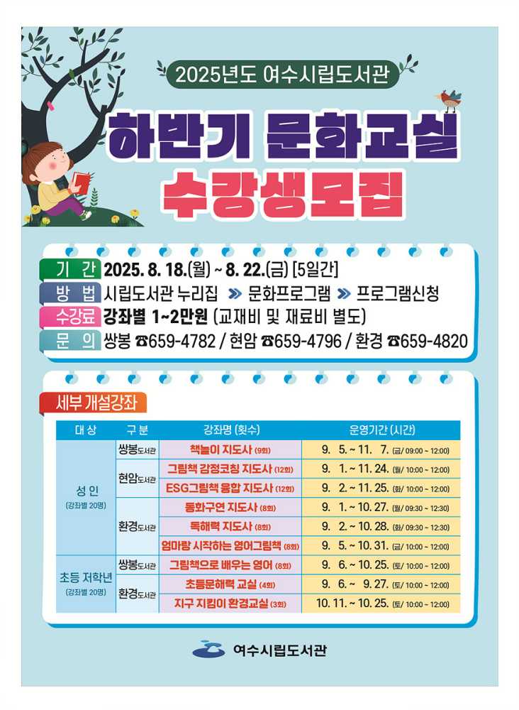 ▲여수시립도서관 ‘2025년도 하반기 프로그램 수강생 모집’ 포스터 ⓒ여수시