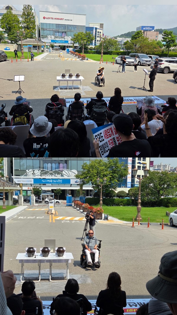 ▲ 전남장애인자립생활센터총연합회 김철호회장과 경남장애인자립생활센터총연합회 윤차원회장이 연대하였다.