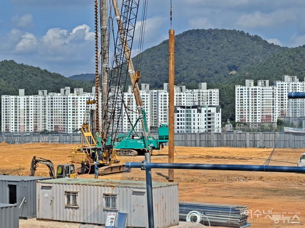 ▲ 여수시 소라면 죽림지구에 신축 중인 (가칭)우리초등학교 공사현장이다.  ⓒ조찬현