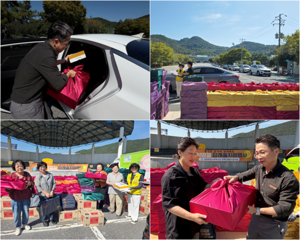 ▲ 드라이브스루로 명절답례품 전달하고 있는 직원들 ⓒ쌍봉종합사회복지관