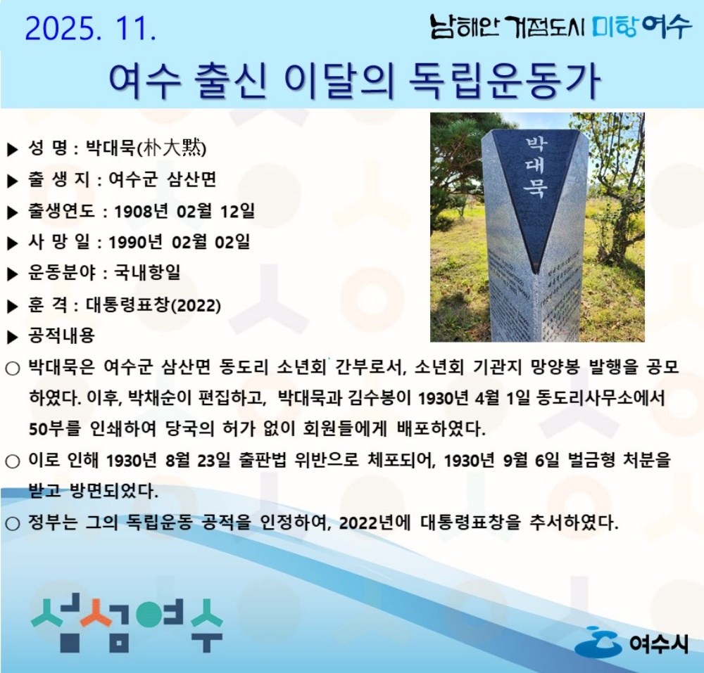 ▲‘2025년 11월 여수 출신 이달의 독립운동가’ 홍보 포스터 ⓒ여수시