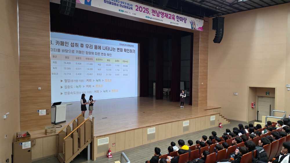 ▲ 영재교육한마당에 참여한 학생들이 ‘카페인 섭취와 몸의 변화’를 주제로 한 발표를 진행하고 있다. ⓒ전라남도교육청