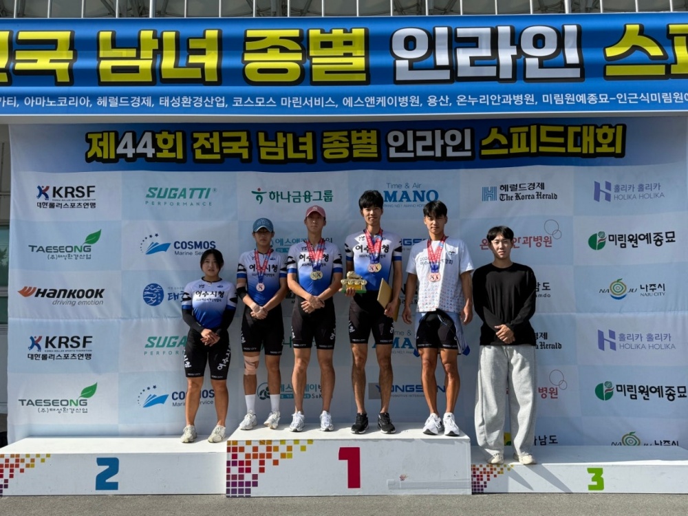 ▲ 제44회 전국 남녀 종별 인라인 스피드대회에서 우수한 성적을 거둔 여수시청 롤러팀 선수단(왼쪽부터 김민서·김민찬·이성건·송제언·박도봉·박형상 선수) ⓒ여수시