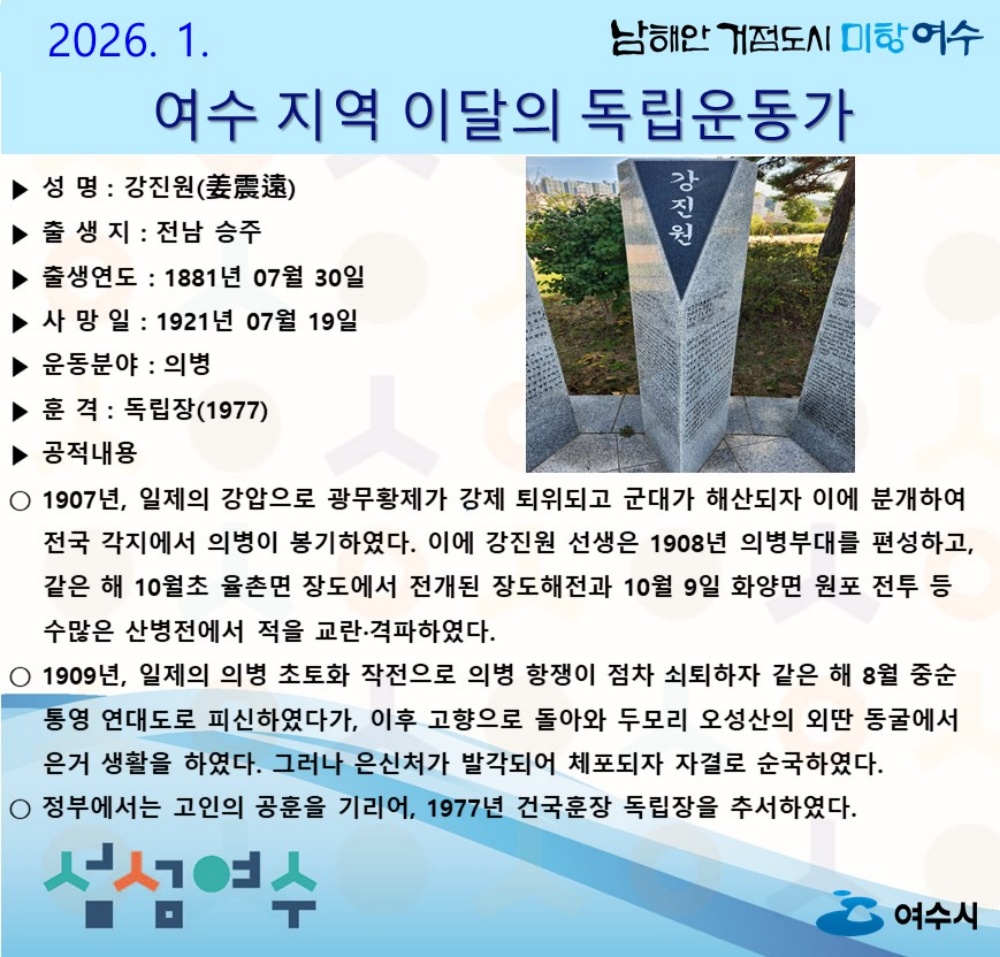 ▲여수시 ‘2026년 1월의 독립운동가’ 홍보물 ⓒ여수시