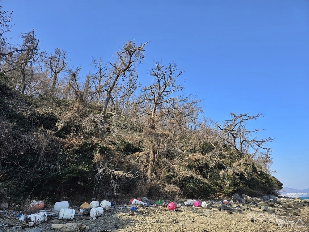 ▲ 여수 금죽도 해안에는 파도에 밀려온 생활쓰레기가 가득하다. ⓒ조찬현