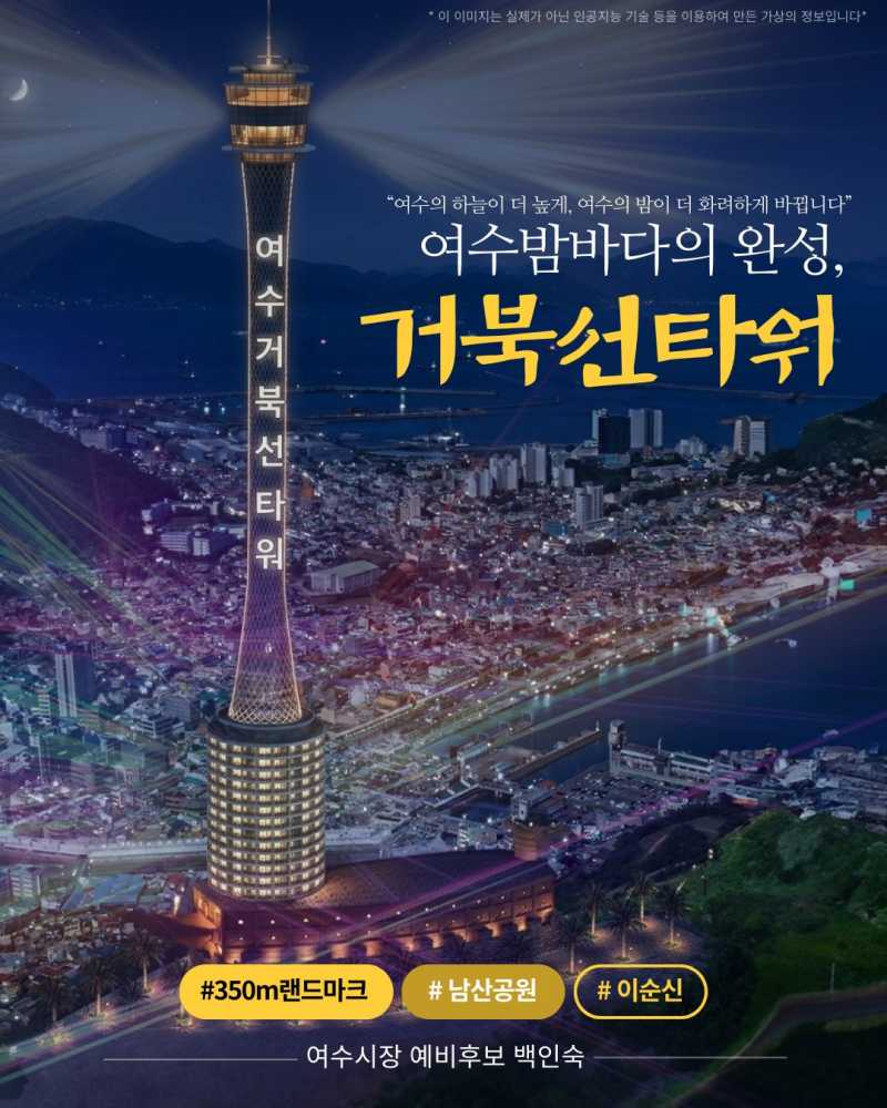 ▲ 백인숙 여수시장 예비후보가 관광 활성화 1호 공약으로 제시한 높이 350m 규모 ‘거북선타워’ 조성 계획 조감도. 남산공원 일대에 전망대와 호텔, 레포츠시설 등을 갖춘 복합 관광 랜드마크로 추진될 예정이다. ⓒ백인숙 여수시장 예비후보실